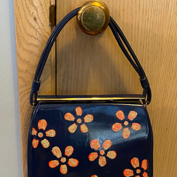 Vintage Navy Patent Leather Handbag with Hand Painted Flowers