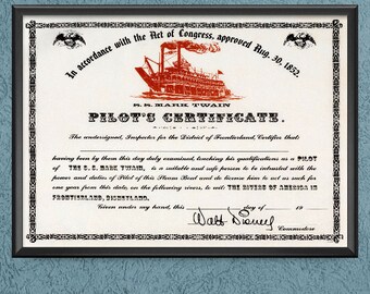 Mark Twain Riverboat Pilot's Certificate Print Poster Disneyland Frontierland Rivers of America Decor Huck Finn Wall Art Decor - 3525