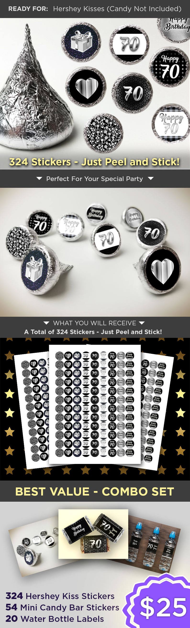 70th Birthday 70th Birthday Party Favors For Adults \u2013 324 Silver 70th Birthday Decorations Hershey Kiss Sticker Birthday D\u00e9cor \u2013 12551