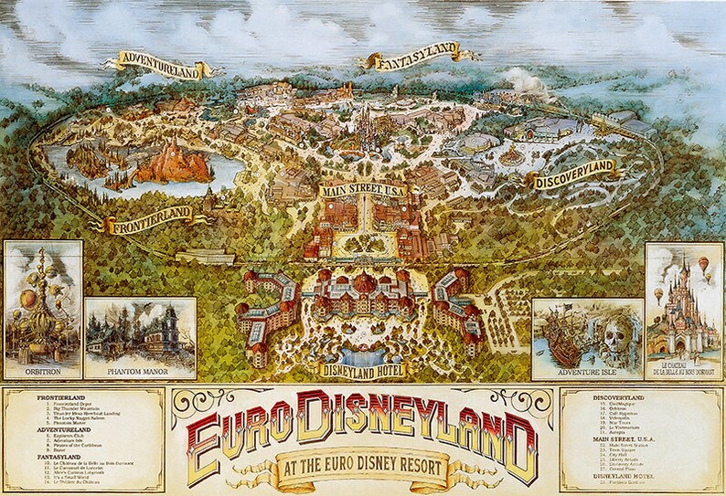 Euro Disneyland Paris Eurodisneyland Map Poster Print Wall Art Etsy