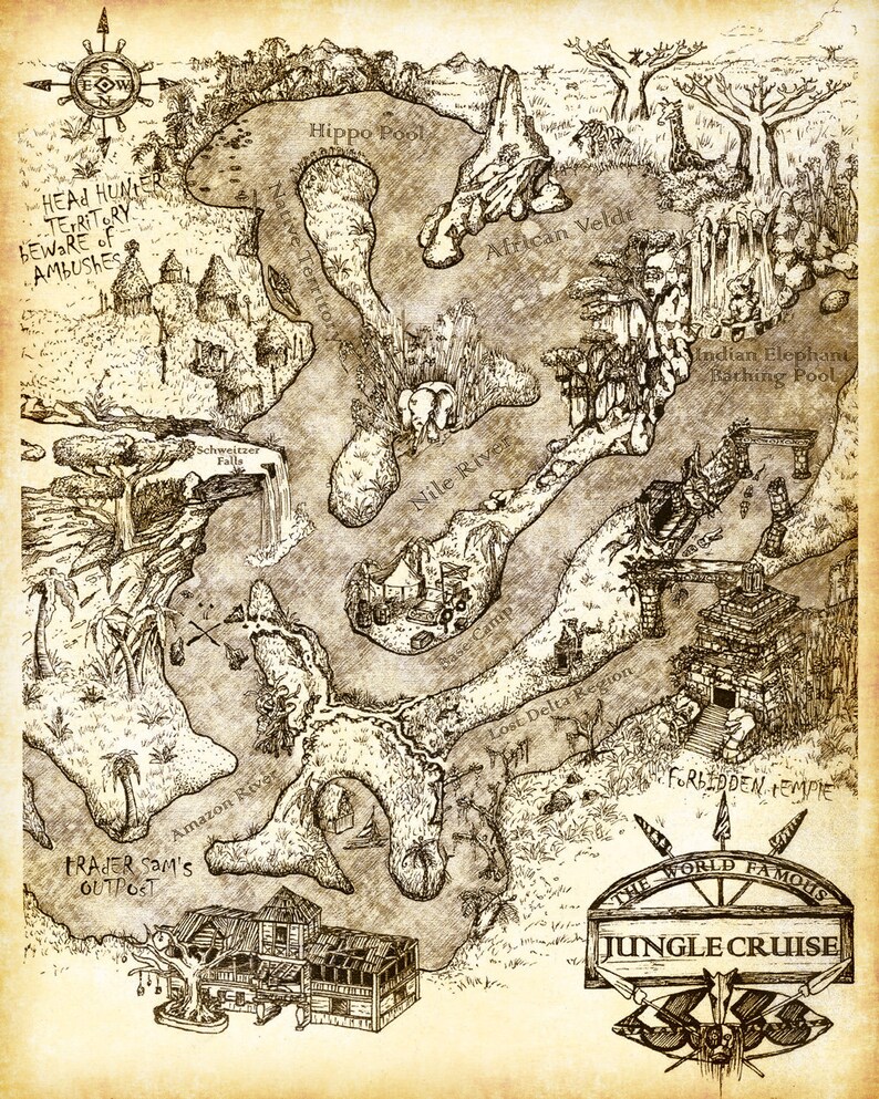 jungle cruise map print set of 3 poster walt disney world