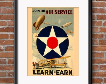 Join the Air Service Learn Earn Gift Fighter Plane Poster World War Print Air Force Pilot Airforce Mom Girlfriend Wall Art Decor Biplane 600