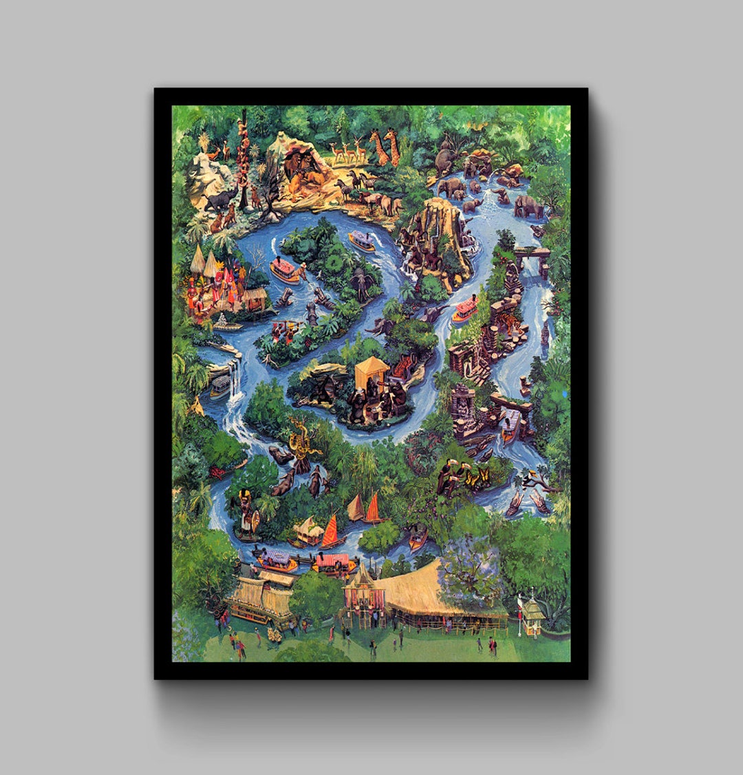 Jungle Cruise Map Print Poster Disneyland Disney World Magic Kingdom Color  Adventureland Wall Art Decor Skipper Back Side of Water 2809 