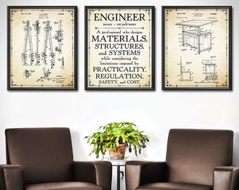 Engineer Gift - SET OF 3 - Engineer GIfts - Gift for Engineer - Mechanical Engineering Office Wall Decor - Engineer Decor - Gift - 1912