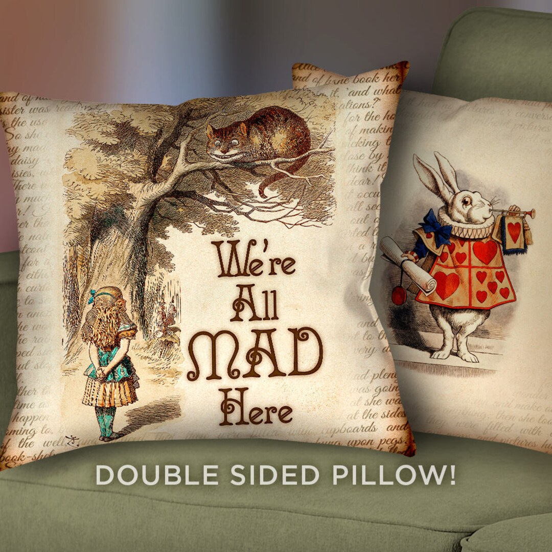 Alice in Wonderland Pillow Cover 18 X 18 Cheshire Cat White Rabbit We re All Mad Here Pillow Cushion Case 2013 Etsy