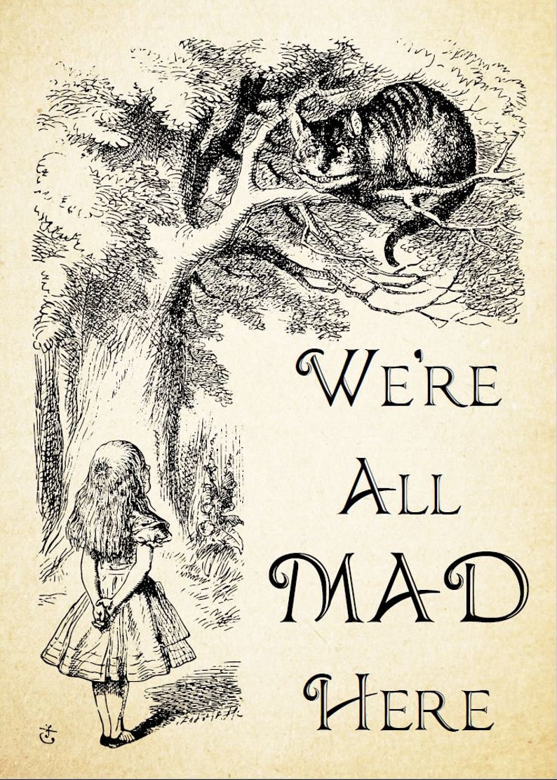 Alice in Wonderland Set of 3 Print Poster Entirely Bonkers Mad Hatter Impossible Vintage Cheshire Cat Quote Party Gift Wall Art Decor 0197 image 2