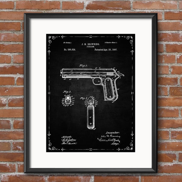 BROWNING Firearm, Police Gift, Vintage Hand Gun Poster, Police Wife Gun Decor, Wall Art, Gun Gifts for Police Officer Blueprint - 0480