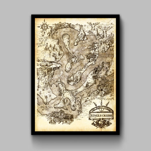 Jungle Cruise Map Print Poster Walt Disney World Disneyland Magic Kingdom Adventureland Wall Art Decor Skipper Back Side of Water - 2808