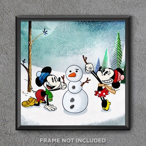 Mickey & Minnie Mouse Snowman Print Poster Christmas Tree Winter Snow Man Very Merry Party Disney Holidays Snowflake Wall Art Decor 3936