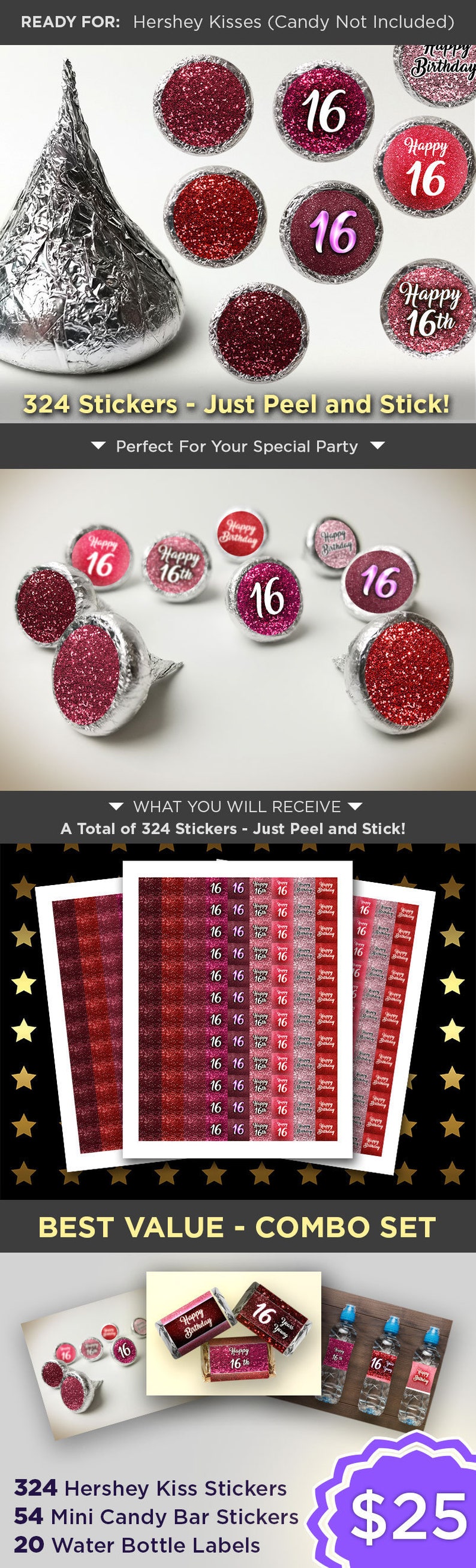 16th Birthday Party Favors For Adults \u2013 324 PINK GLITTER Hershey Kiss Sticker Birthday \u2013 Sweet 16 Birthday Decorations Birthday D\u00e9cor 12719