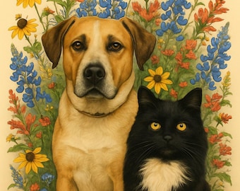 Custom Pet Portrait - Texas Wildflowers, Personalized Dog or Cat Art, Bluebonnets, Indian Paintbrush, Daisy, Digital Pet Illustration