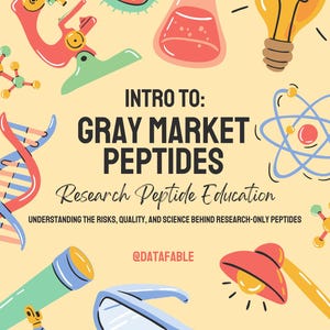 May include: A science-themed graphic with the text "INTRO TO: GRAY MARKET PEPTIDES" and "Research Peptide Education." The image features illustrations of a microscope, test tubes, a lightbulb, and other scientific elements. The background is a light yellow colour.