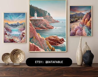 Pastel Landscape Art Print Set: Desert, Coast, Waterfall (Digital Download)