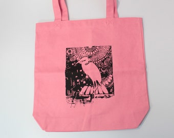 Great Blue Heron Tote Bag, Printed Canvas Fabric Pink Tote Purse Bag | Screen printed bag with bird design, Original art hand made