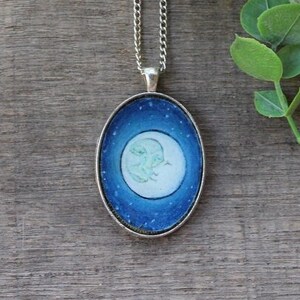 Tiny art necklace, Moonlight Love | wearable art resin jewelry | Lunar Man in moon phase | hand painted small art original, unique gift