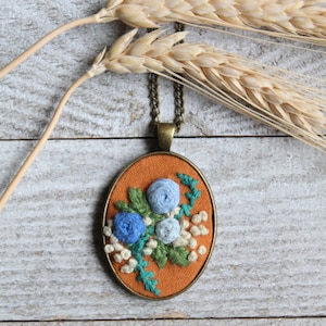 Embroidered Pendant Necklace | Floral embroidery Handmade jewelry, Victorian Vintage style romantic rustic Cottage core, unique gift for her