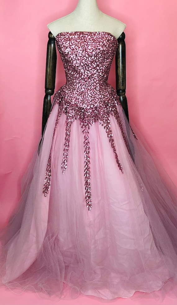 Deadstock Mike Benet Formals pink Sequin Gown dress small Etsy