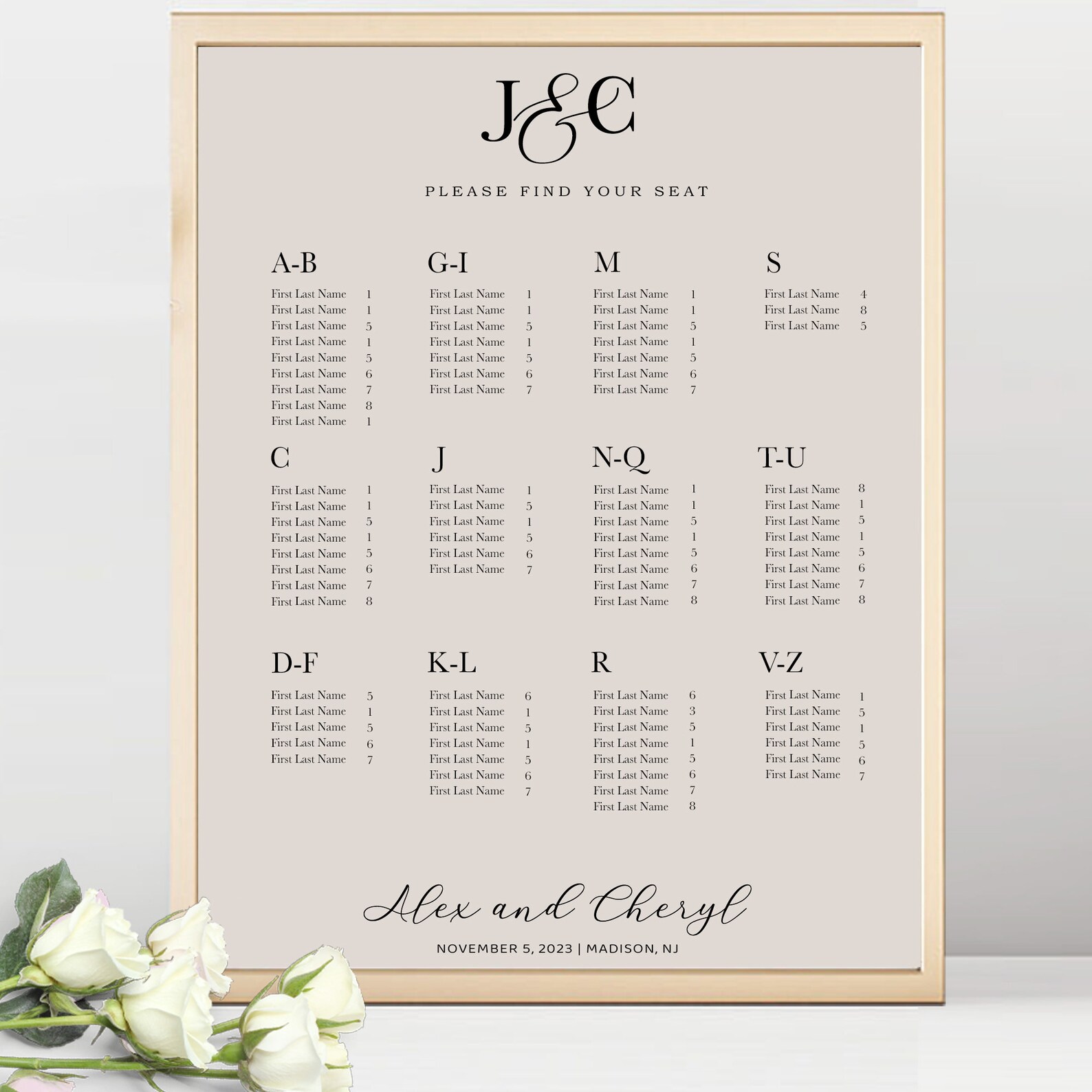Colored Seating Sign Customizable Wedding Seating Chart, Alphabetical Seating Plan Editable ...