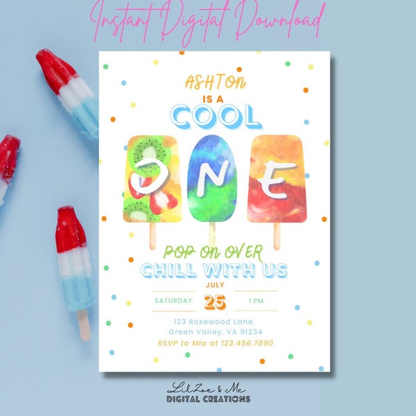 Pop On Over Popsicle Too Cool One 1st First Birthday/Summer Ice Cream Pop Summer Pool 2nd 3rd 4th Girl Boy Party Editable Printable Digital