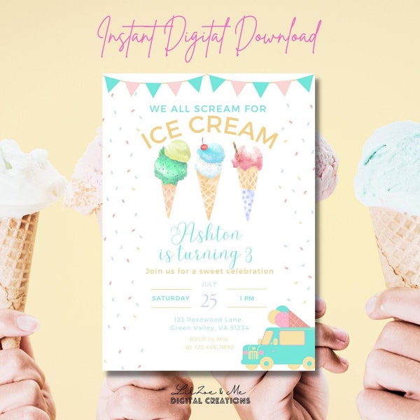 We All Scream for Ice Cream Scoop Birthday/Sweet Ice Pop Popsicle Summer Cool Pool Any Age Girl Boy Party Invite Editable Printable