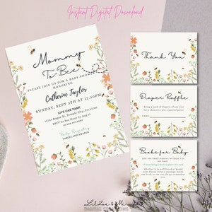 Paquete de invitación de baby shower de mamá a abeja/ Paquete de invitación a fiesta de té de jardín floral de flores silvestres de abeja de abeja/Descarga digital editable
