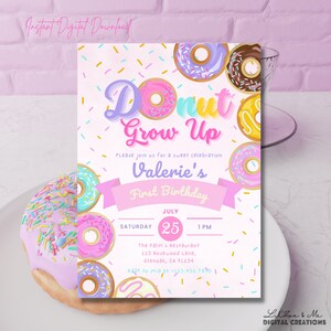 Sweet One Donut 1st Birthday Invitation/ Donut Grow up Sprinkles Boy Girl Party Invite Editable Printable Instant Download