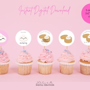 Dumpling Cupcake Topper 2x2 Circle/Favor Tag Thank you Sticker Label/Asian Dimsum Bao Bun Girl Boy Birthday Party Deco/Digital Printable