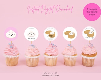 Dumpling Cupcake Topper 2x2 Circle/Favor Tag Thank you Sticker Label/Asian Dimsum Bao Bun Girl Boy Birthday Party Deco/Digital Printable