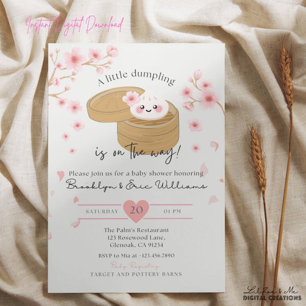 Little Dumpling Flower Baby Shower Invitation/Dumpling On the way/Asian Dim Sum Xiao Long Bao/Baby Bun Blossom Love Shower Printable 043