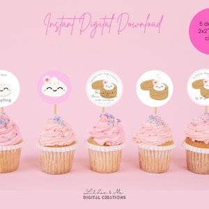 Dumpling Baby with Flower Cupcake Topper 2x2 Circle/Favor Tag Thank you Sticker Label Girl Boy Dumpling Baby Shower Digital Printable 042