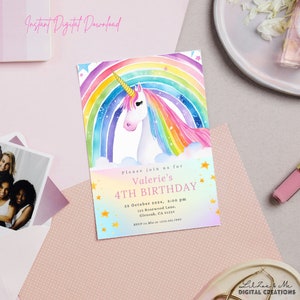 Unicorn Rainbow Birthday Invitation/ Colorful Unicorn Girl Birthday Party Invite/Instant Editable Printable Template