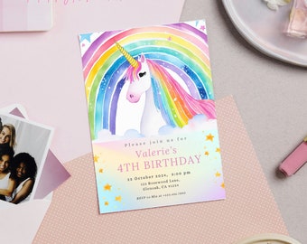Unicorn Rainbow Birthday Invitation, Editable Girl Party Invite (Digital Download)