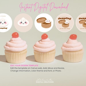 Dumpling Baby Shower Cupcake Topper 2x2 Circle/Favor Tag Thank you Sticker Label Girl Boy Asian Bao Dim Sum Baby Shower Template 048