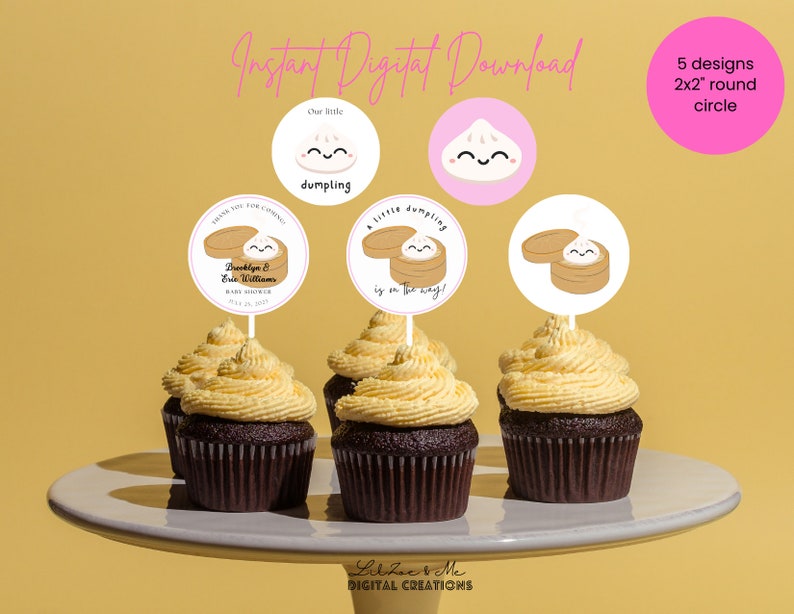 Dumpling Cupcake Toppers, Favor Tags - Asian Birthday Party (digital ...