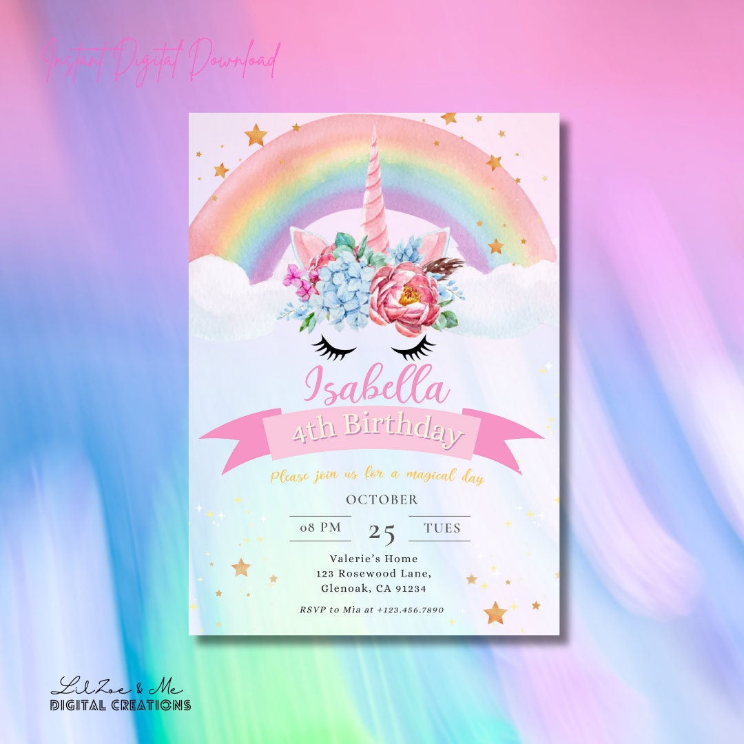 Rainbow Unicorn Birthday Invitation, Girl's Party (digital Download) - Etsy