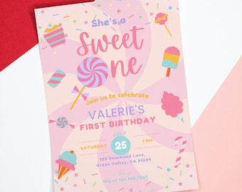 Sweet One Birthday Invitation, Candy Pastel Party (Editable Printable, Digital Download)