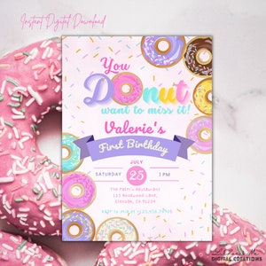 Sweet One Donut 1st Birthday Invitation/ Sprinkles Donut Want To Miss Pastel Pink Purple Boy Girl Party Invite Editable Printable Instant