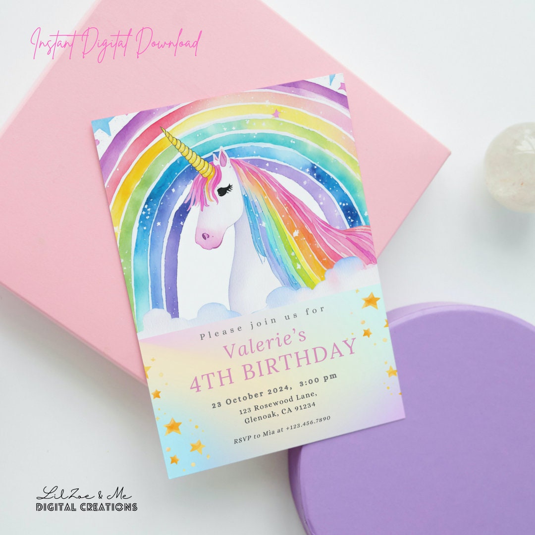 Unicorn Rainbow Birthday Invitation, Editable Girl Party Invite ...