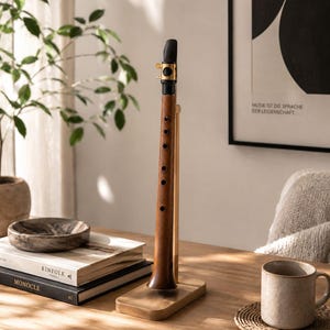 Peut inclure: Un instrument à vent vertical en bois doté d'une embouchure noire et d'une ligature en métal doré, monté sur un support rectangulaire en bois. L'instrument présente une série de trous circulaires le long de son corps et un pavillon évasé.