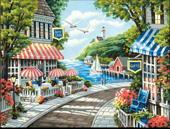 US Seller. 45x35cm Seaside Beach Town, Villa, Ocean Diamond Painting Kit.  Round Drills, Full Drills, Fast S&H 