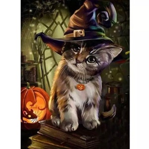 US Seller.  40x50cm Halloween Cat, Scary, Witch, Diamond Painting Kit. Square drills, Full Drills, Fast S&H