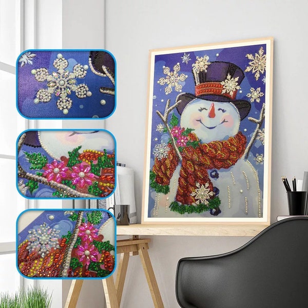US Seller. 40x30cm Christmas Jolly Snowman Clear Rhinestones. Diamond Painting kit. Special Drill Shapes, Partial drill.  Easy