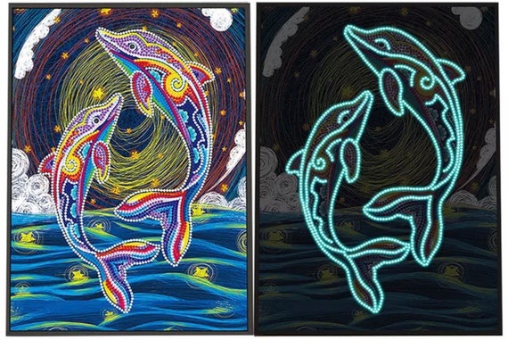 US Seller. 30x40 Mandala Dolphins Glow in the Dark Diamond Painting Kit.  Fast Easy Special Drill Shapes, Partial 