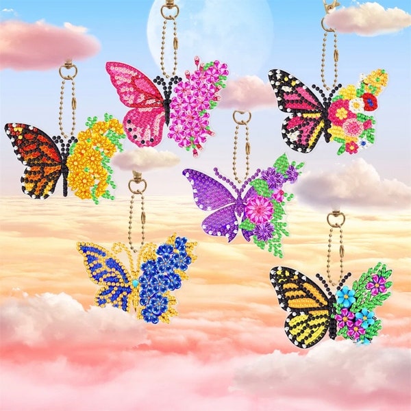 US Seller. Beautiful Butterflies and Flowers. Diamond Painting keychains, Ornaments, Charms. Tools and Diamonds Included. Fast S&H