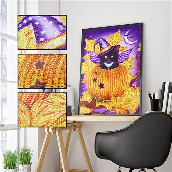 US Seller. 40x30cm Halloween Black Kitty Cat, Pumpkin. Clear Rhinestones. Diamond Painting kit. Special Drill Shapes, Partial drill.  Eas