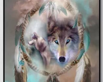 US Seller. Wolf, Wolves, Dream Catcher. 5D Diamond Painting Art Kit. Round drills, Full drill. Combined S&H. 30x40cm