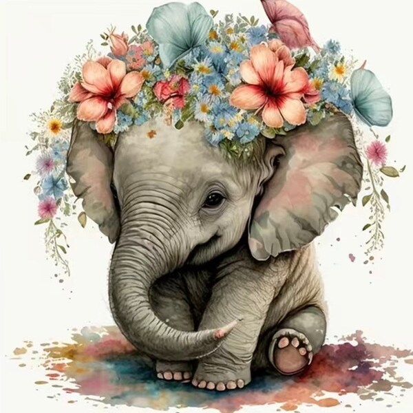 US Seller. Small  20x20cm, Little Baby Elephant, Diamond Painting Kit. Round drills, Full Drills, Fast S&H