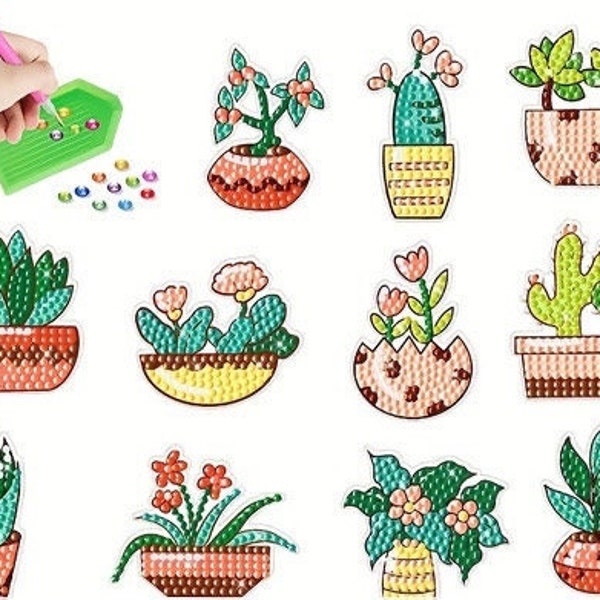 US Seller.  14 Flowers and Succulents Stickers, Fast & Easy. Great for Beginners, DIY Stickers. Diamond Painting Sticker Kit. Round drills.