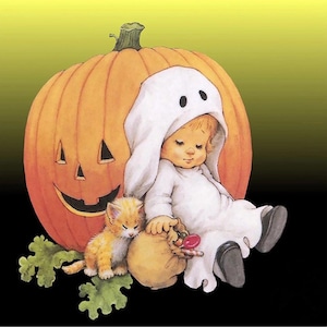 US Seller.  40x40cm, Pumpkin, Little Ghost, Halloween, Vintage Inspired Diamond Painting Kit. Round Drills, Full Drill.