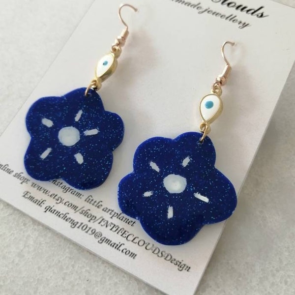 Blue and White Flower Earrings| Hand Painted Statement Earrings | Handmade Polymer Clay Jewelry | Greek Evil Eye Ceramics tile art